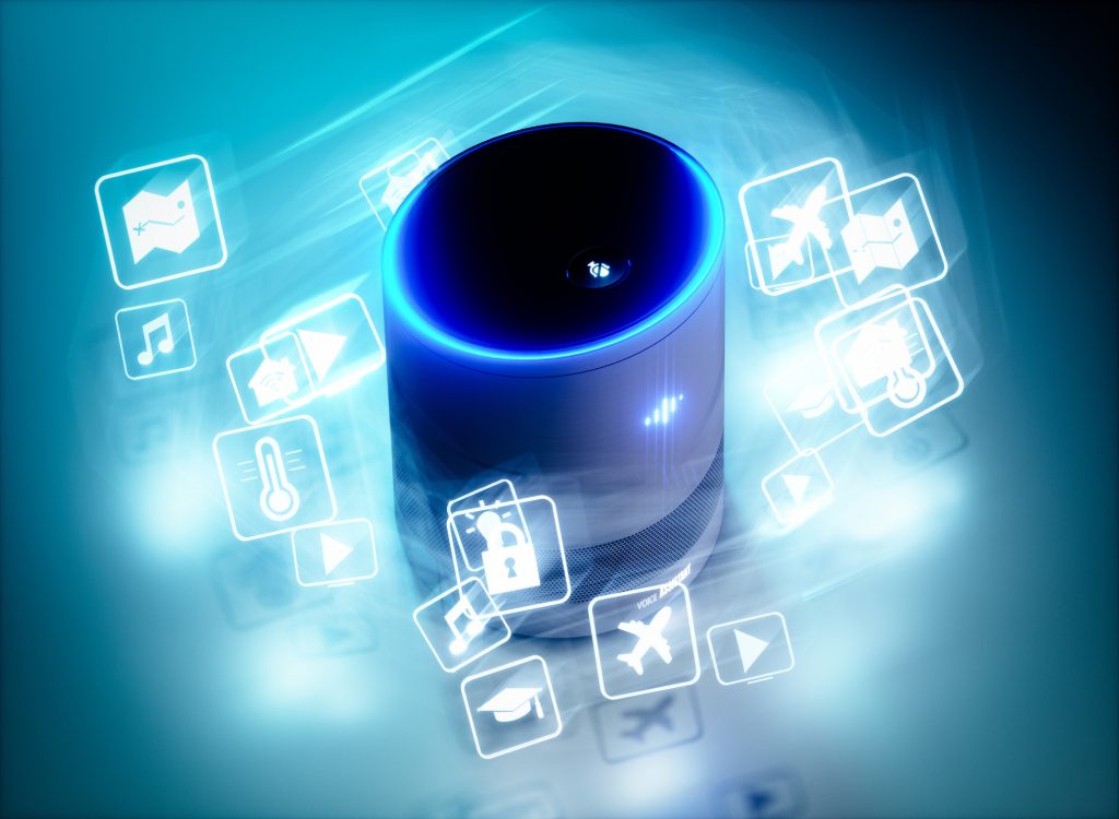 Concept of home intelligent voice activated assistant with voice command icons. 3D rendering concept of hi tech futuristic artificial intelligence speech recognition technology.