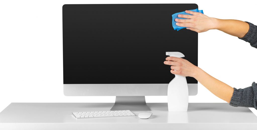 Front view of a computer monitor isolated on white. Home cleaning